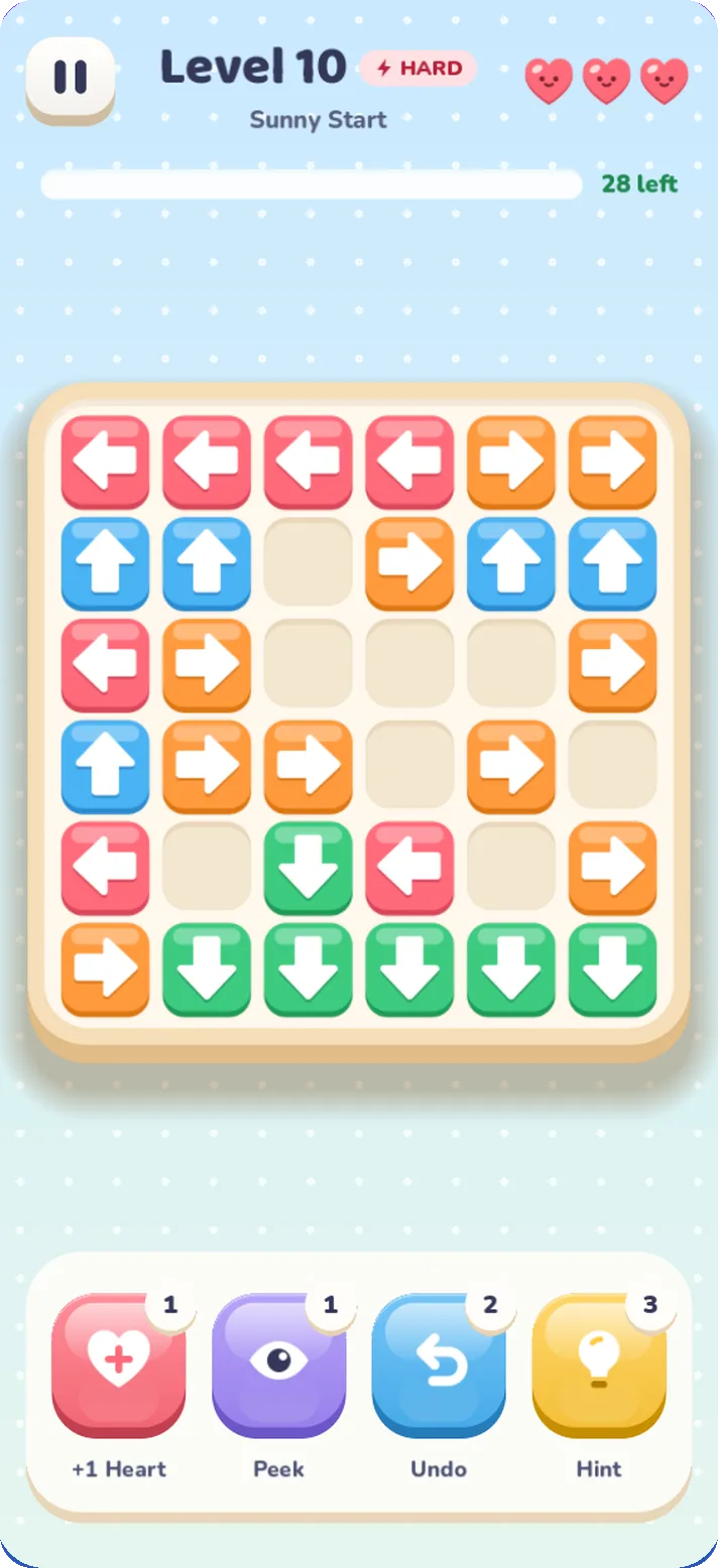 Arrow Escape level 10: a cream puzzle board filled with red, orange, blue and green arrow tiles, three hearts and four boosters