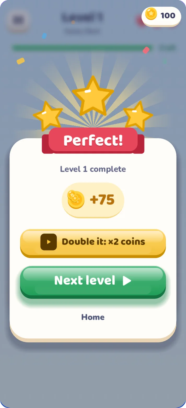 Level complete screen with three gold stars, Perfect! and +75 coins