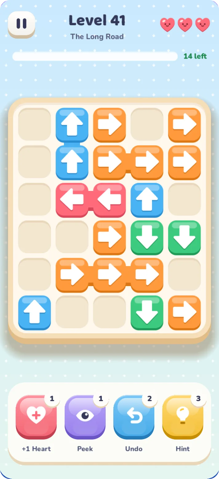 Level 41, The Long Road, with rows of arrows blocking each other