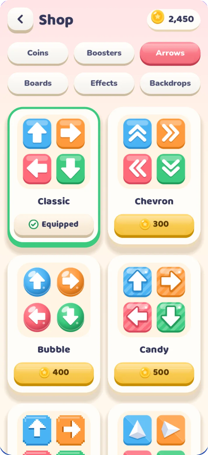 Shop showing the Classic, Chevron, Bubble and Candy arrow skins