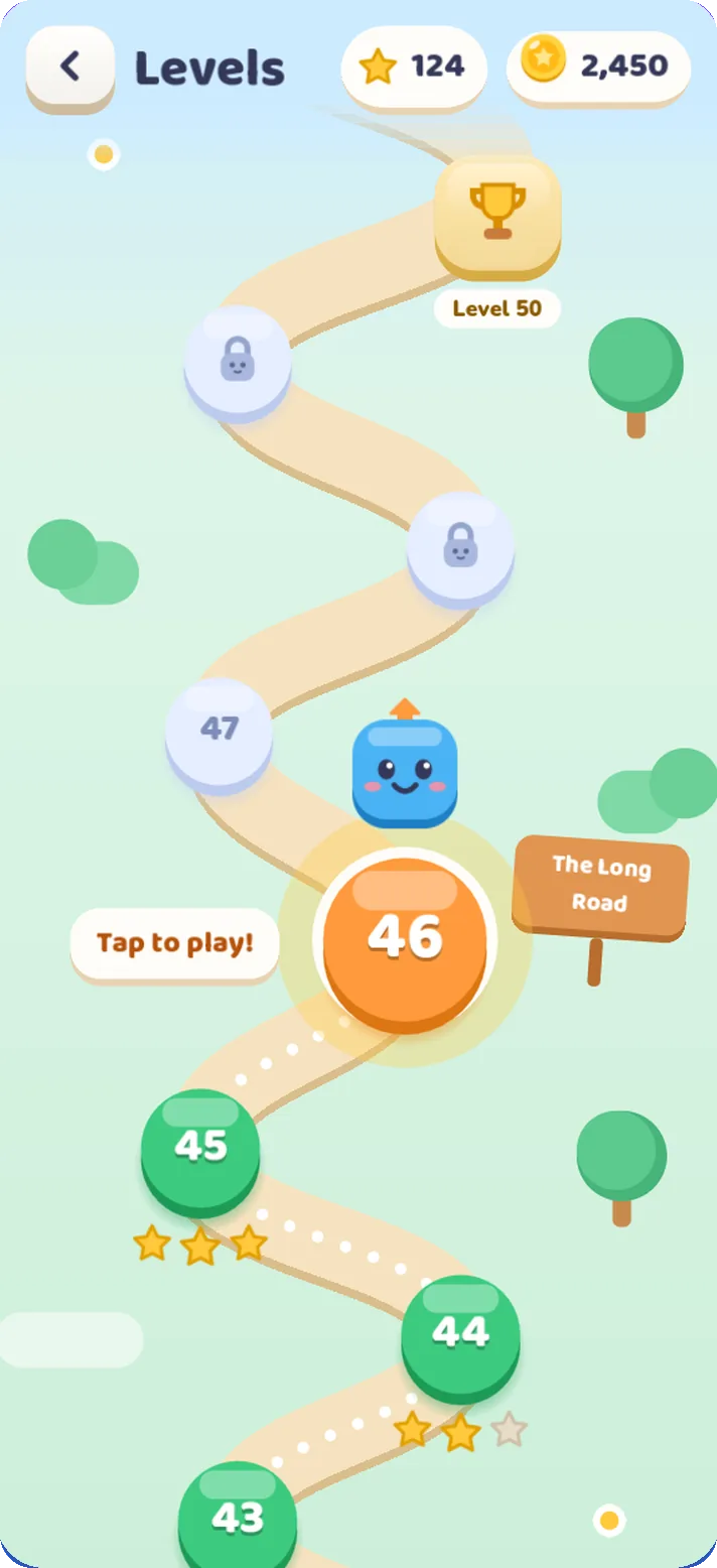 The winding level map with the mascot standing on level 46