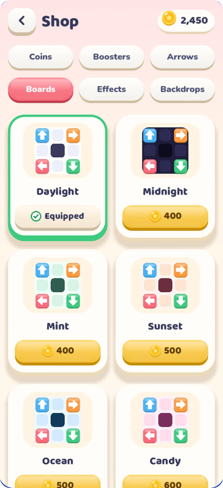 Shop showing the Daylight, Midnight, Mint, Sunset, Ocean and Candy board themes